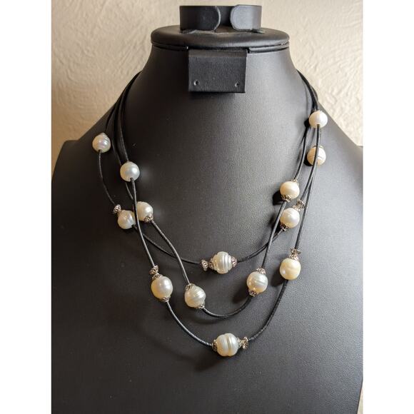 925 Sterling Three Strand Floating Genuine Freshwater Pearl Corded Necklace - Picture 9 of 10